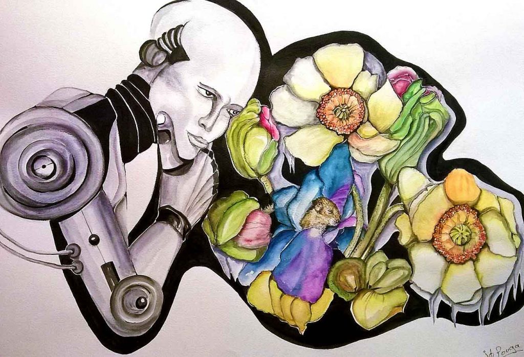 Tableau représentant un robot avec des fleurs